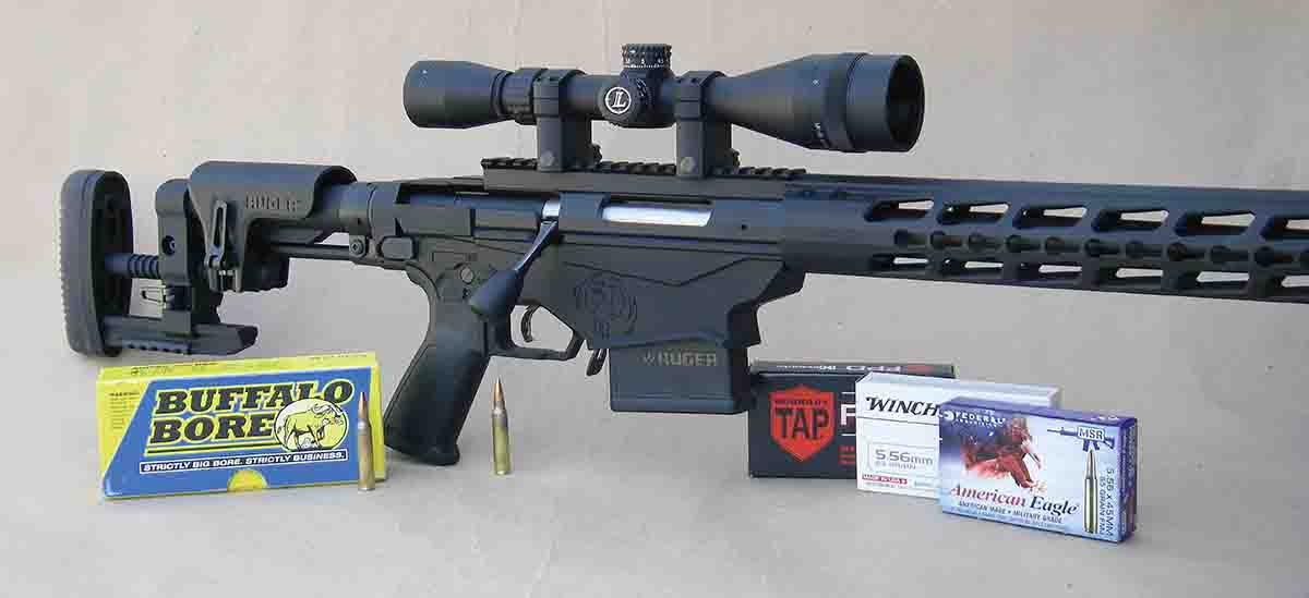 A Leupold Mark AR MOD 1 4-12x 40mm AO variable scope was used to test the new Precision Rifle 5.56 NATO/.223 Remington. With the 20-MOA Picatinny rail, having pre-sighted interchangeable scopes is feasible.